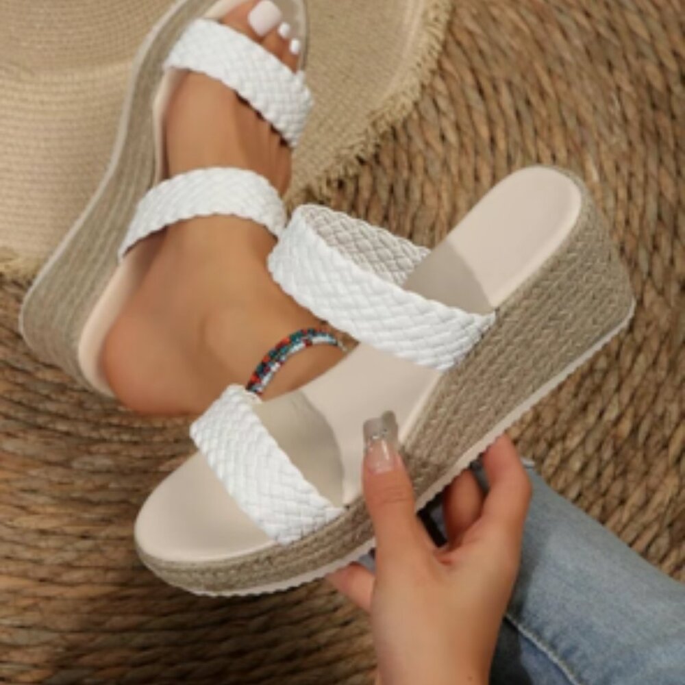 Women’s Woven Strap Slip-On Platform Sandals, Size 8 (EU 39), White